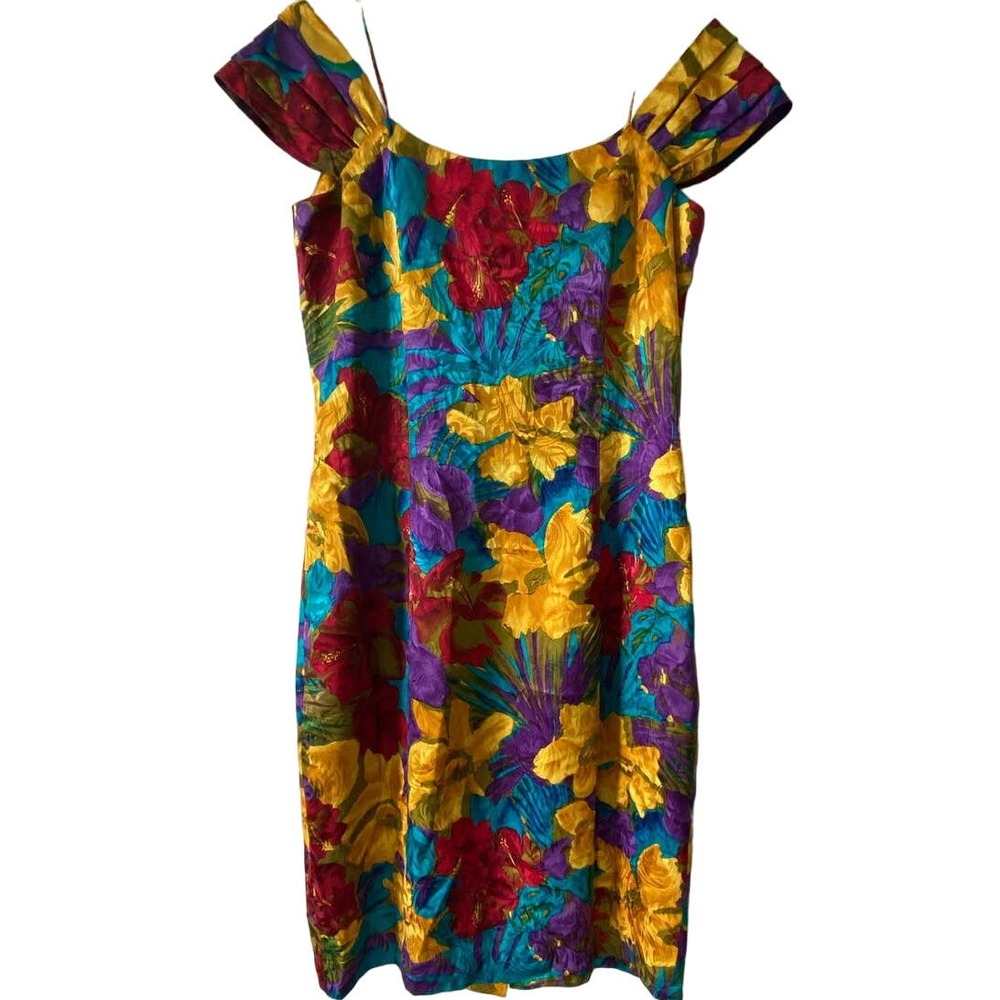 Vintage 1980's Gillian Off Shoulder Colorful Floral Silk Dress Size 10